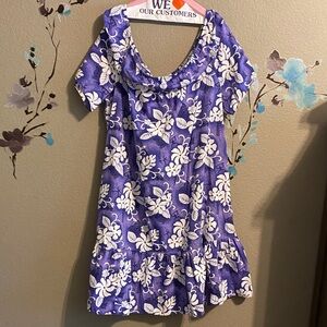 Vintage Hilo Hattie purple floral hibiscus, tribal ruffle mumu 2x resort cruise